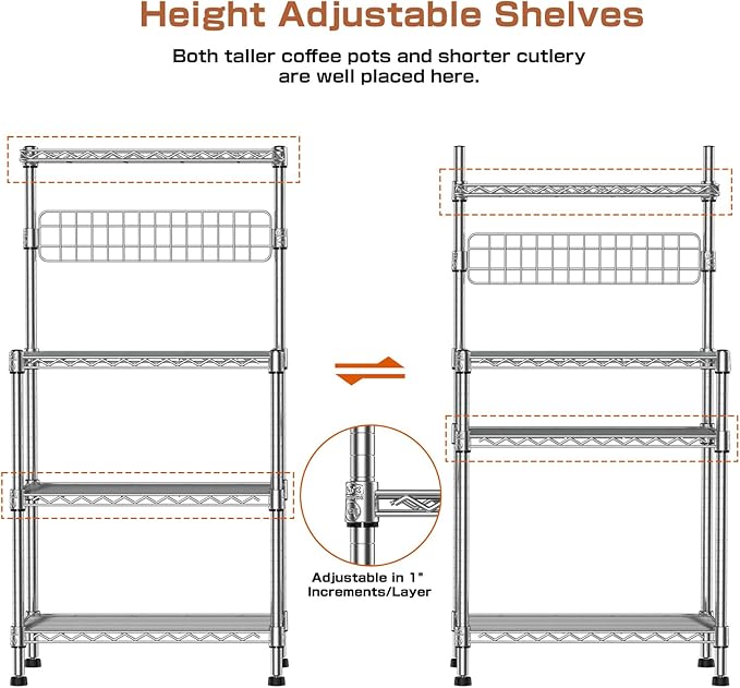 Leteuke Bakers Rack for Kitchen with Storage, NSF Certified 4-Tier Adjustable Coffee Bar with Wheels 10 S-Hooks Microwave Stand Kitchen Storage Shelf Metal Storage Rack 30 x 14 x 59 Inches, Chrome