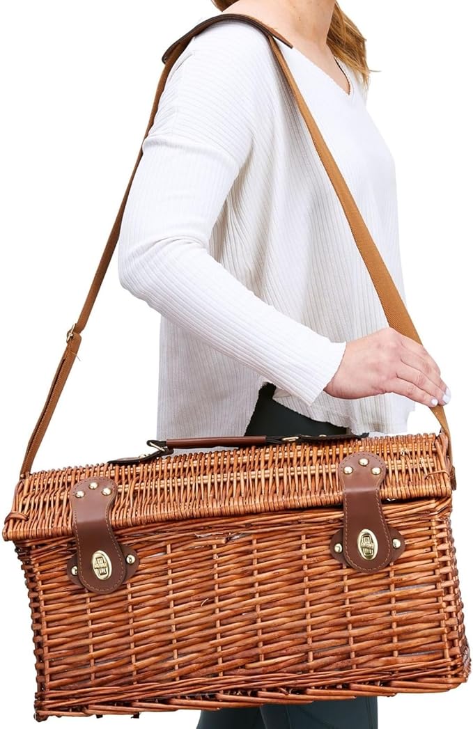 Juvale Picnic Basket for 4 People - 18.1 x 12.2 x 10.2 Inches, Brown, Classic - Complete Wicker Picnic Basket Set with Cooler Bag, Dishes, Utensils & Glasses