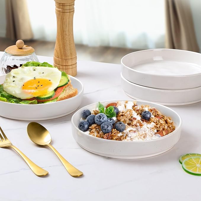 E-far Pasta Bowls Set of 4, 30oz Shallow Salad Bowls for Dinner Serving, 8.25" Stoneware Ceramic Bowl Plates for Noodle Soup, Microwave & Dishwasher Safe, Glossy Porcelain, Speckled White