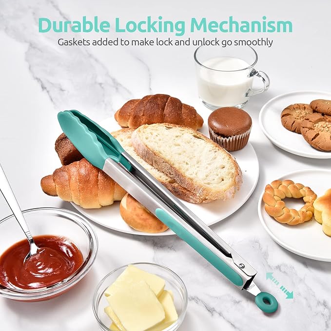 600ºF Heat Resistant Kitchen Tongs: U-Taste 12 in Large Silicone Cooking Tong with Sturdy Non Stick Rubber Tips & Silicon Coated 18/8 Stainless Steel Handle & Smooth Locking for Serving Grill-Aqua Sky