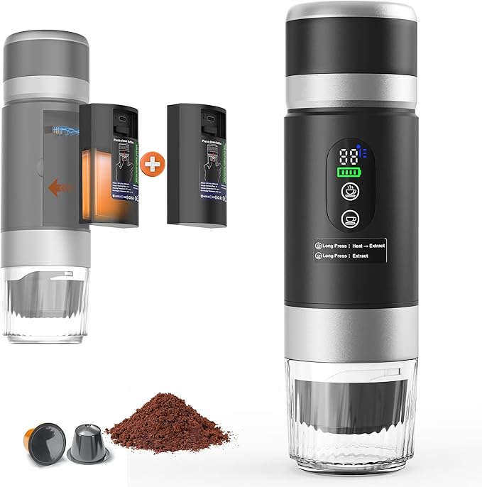 Portable Coffee Machine w/ 2 Rechargeable Batteries, 8 Cups, 80ml Self-Heating, 20bar, USB-C, Espresso coffee Maker for Camping Travel Office, Ground & Capsule Compatible