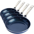 Blue Diamond Frying Pan 8” Skillet, Diamond Infused Healthy Ceramic Nonstick, PFAS and PFOA-Free, Dishwasher and Oven Safe, Even Heating, Metal Utensil Safe, Warp Control Base, Blue (Pack of 4)