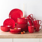 vicrays Ceramic Dessert Salad Plates, 8 Inch, Microwave, Oven, and Dishwasher Safe, Round, Porcelain Fluted Suitable for Snacks, Appetizer, Home, Party, Restaurant - Set of 6 Red