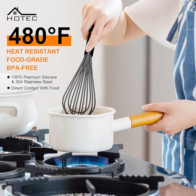 HOTEC 4 Pieces Silicone Whisks Set, Wire Balloon Whisks Egg Beater, Non-slip Handle Whisk for Non-stick Cookware Perfect for Cooking, Stirring, Beating and Blending (Black)