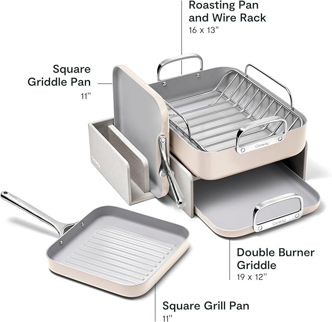 Caraway Square Cookware Set - Square Pans Set - Perfect for Griddling, Toasting, Searing, Roasting, and More - Non-Stick Ceramic Coated Pans - Non Toxic, PTFE & PFOA Free - Cream