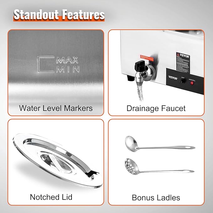 VEVOR Electric Soup Warmer, Three 7.4QT Stainless Steel Round Pot 86~185°F Adjustable Temp, 1200W Commercial Bain Marie with Anti-dry Burn and Reset Button, Soup Station for Restaurant, Buffet, Silver