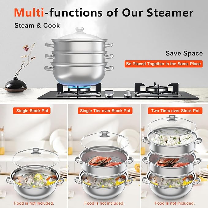 3 Tier Multipurpose Stainless Steel Steaming Pot Cookware, Food Cooking Pan, Cooker Steam Pot Food Cooking + Glass Lid, For Vegetable, Dumpling, Sauce, Encrypted Steaming Holes
