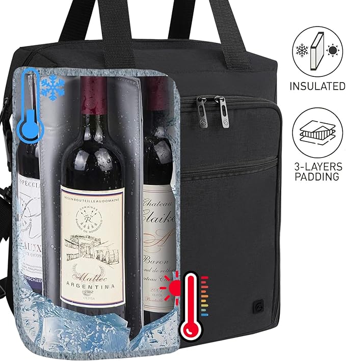 ALLCAMP 6 Bottle Wine Gift Bag - Insulated Tote Cooler, Adjustable Strap, Includes 6 Wine Glasses, Napkins & Corkscrew, Portable Travel Gifting(Black)