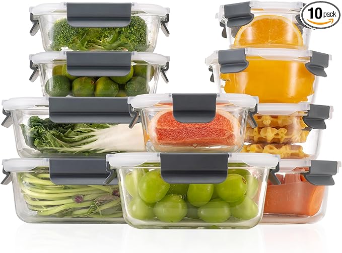GC GENICOOK [10-Pack Glass Meal Prep Containers with Lids, Food Storage Containers with Snap Locking Lids, Airtight Lunch Containers, Microwave, Oven, Freezer and Dishwasher