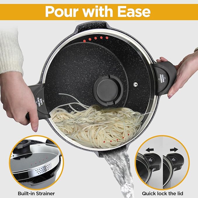 ROSSETTO 8.5QT Pasta Pot with Strainer Lid, 11'' Cast Aluminum Nonstick Multipurpose Stock Pot Spaghetti, Self-Draining Cooking Pot with Insulated Handles for Soup, and Boiling