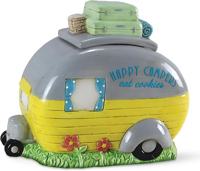 Young's Inc. Ceramic Cookie Jar - Cute Kitchen Counter Storage Canister with Lid - Perfect for Cookies, Coffee, Tea, Candy, Dog Treats, and More - Happy Campers - Gray, Yellow, Green
