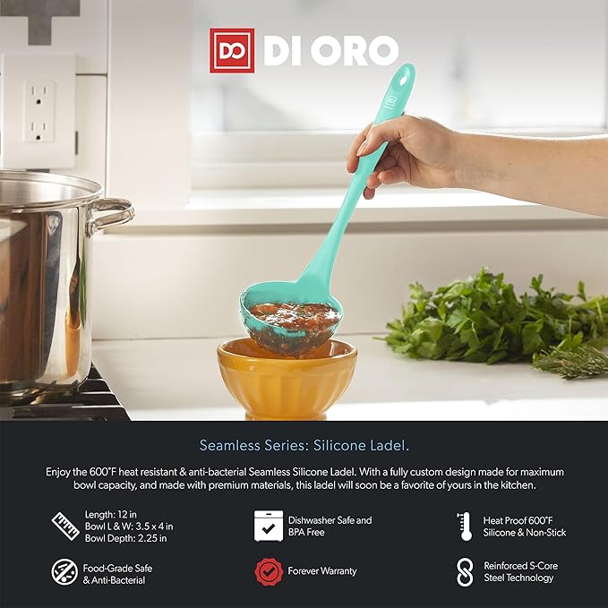 DI ORO Silicone Ladle – Soup Ladle for Cooking & Serving Heat-Resistant - Large Kitchen Soup Ladle Nonstick Cookware Safe - Soup Serving Spoon with Wide Bowl - Silicone Utensil Dishwasher Safe (Mint)