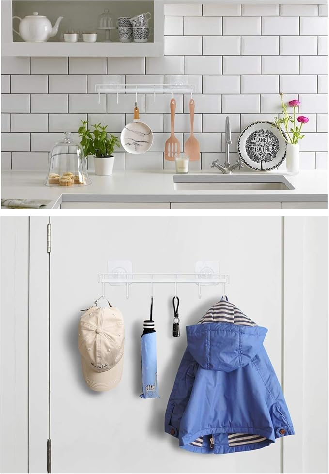 YiZhi Adhesive Wall Hooks Rack Kitchen Rail, Space Saving Utensil Holder No Drilling Wall Mounted Accessory Hanger with 6 Hooks for Kitchen Bathroom Bedroom Pack of 2 (White)