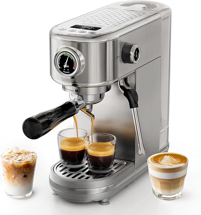 HIBREW H10B - 51mm Espresso Machine - Temperature & Cup Volume Adjustable at will - With Intelligent Display Screen & Pressure Gauge - Stainless Steel Body (Stainless steel)