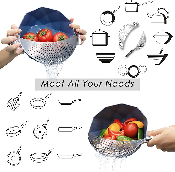 Pot Strainer Set 2 Pieces Stainless Steel Strainers Set, Easy Draining Durable Dishwasher Safe, Work for All Cooking Kitchenware, Noodles Pasta Fruit Veggies Food Strainers
