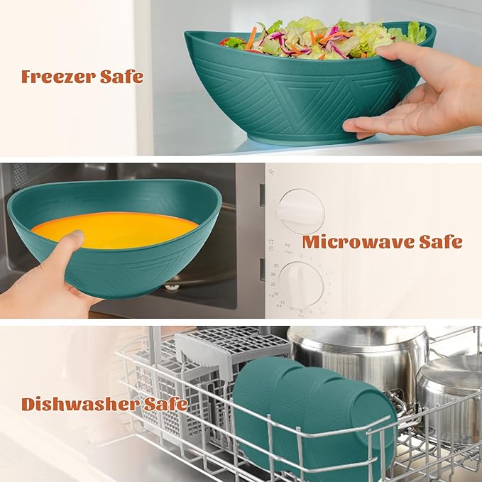 Homienly Salad Bowls 6 PCS Wheat Straw Bowls - 60oz Large Serving Bowl - Microwave and Dishwasher Safe Cereal Bowl Big Soup Bowl for Kitchen, Camping, Picnic, Party, Popcorn Bowl Set - Green