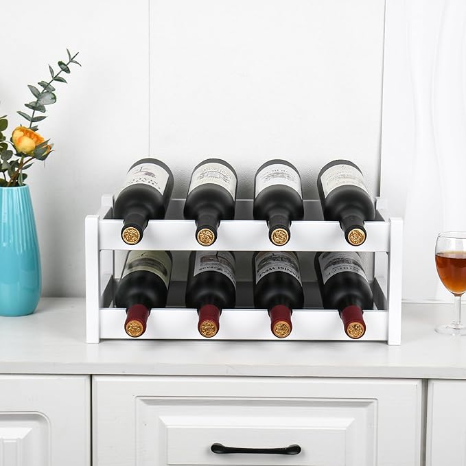 VASMIA Wine Rack, 2-Tier Bamboo Wine Racks Countertop Cabinet Wine Holder Wine Storage Shelf for Pantry Kitchen Bar, White