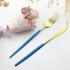 JASHII Flatware Serving Set 24 Piece, Stainless Steel Silverware Set, Blue Gold Cutlery Set, Modern Elegant Tableware Set for Party, Christmas, Dinner (Blue Gold)