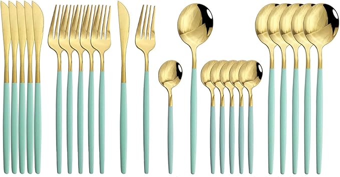 JASHII Flatware Serving Set 24 Piece, Stainless Steel Silverware Set, Mint Green Gold Cutlery, Modern Elegant Tableware for Party, Christmas, Dinner