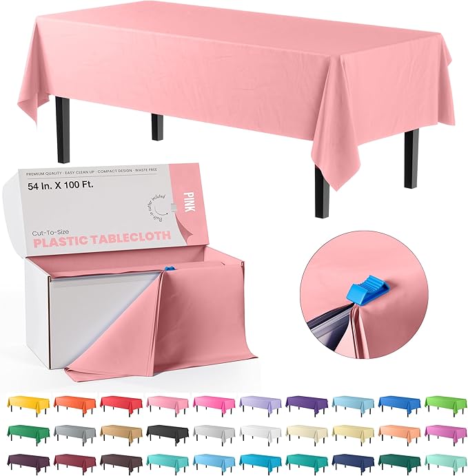 Exquisite Party Solids 54 Inch X 100 Feet Pink Plastic Table Cover Roll in A Cut - to - Size Box with Convenient Slide Cutter. Cuts Up to 12 Rectangle 8 Feet Plastic Disposable Tablecloths