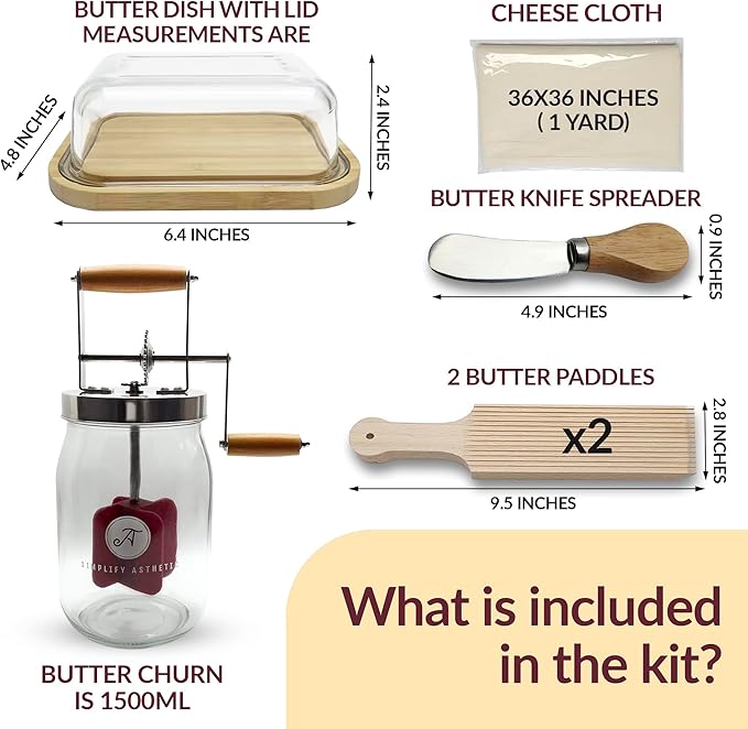 Butter Churner Set – Includes Glass Dish with Lid, Cheesecloth, Wooden Paddles & Knife Spreader – Butter Churn - Make Homemade Butter Fast & Easy