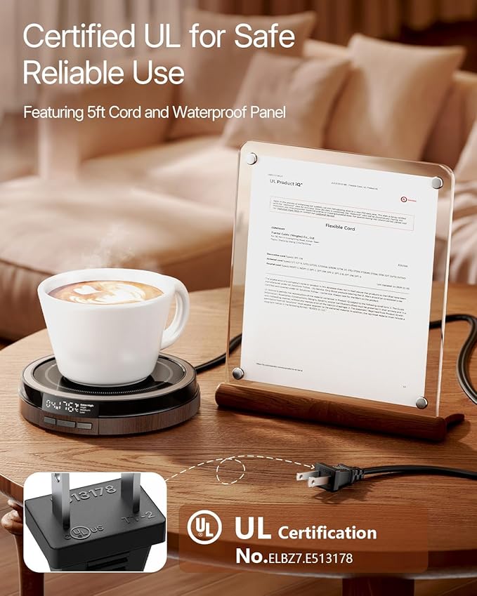 Coffee Mug Warmer for Desk, 50W Fast Heating Cup Warmer with Smart Display, 4 Temps & 12H Timer, Auto Shut Off for Tea, Milk, Hot Drinks - Wood Effect