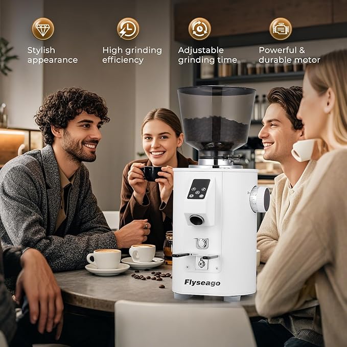 Commercial Coffee Grinder Heavy Duty - 64mm SS Flat Burrs, 8 Precise Settings, Button Control, 35oz Hopper, Business and Home Use, White 400W