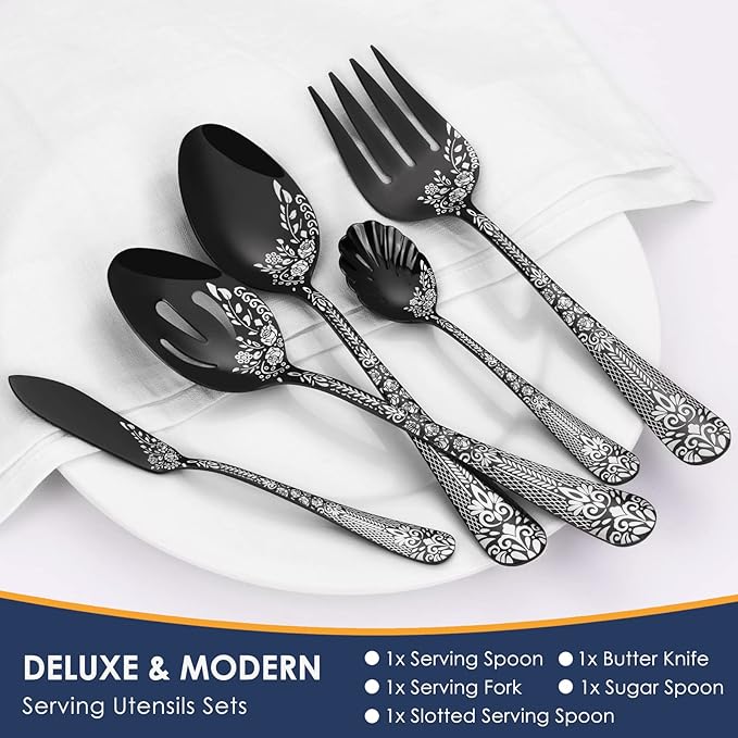 EUIRIO 53-Piece Black Silverware Set with Serving Utensils, Black Flatware Set for 8, Stainless Steel Mirror Cutlery Set, Spoons Forks Knives with Unique Floral Laser, Tableware Set, Dishwasher Safe