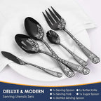EUIRIO 53-Piece Black Silverware Set with Serving Utensils, Black Flatware Set for 8, Stainless Steel Mirror Cutlery Set, Spoons Forks Knives with Unique Floral Laser, Tableware Set, Dishwasher Safe