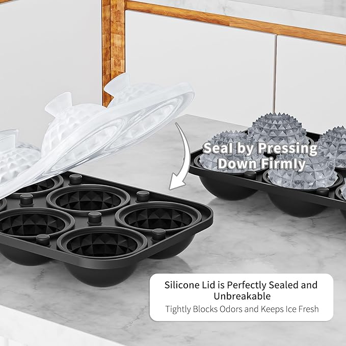6 Chamber 1.83” 3D Crystal Round Ball Ice Cube Tray With Funnel,Large Circle Ice Molds Silicone Fun Shapes Whiskey Sphere Ice Tray,For Chilling Whiskey,Cocktails,Bourbon,Brandy and Beverages
