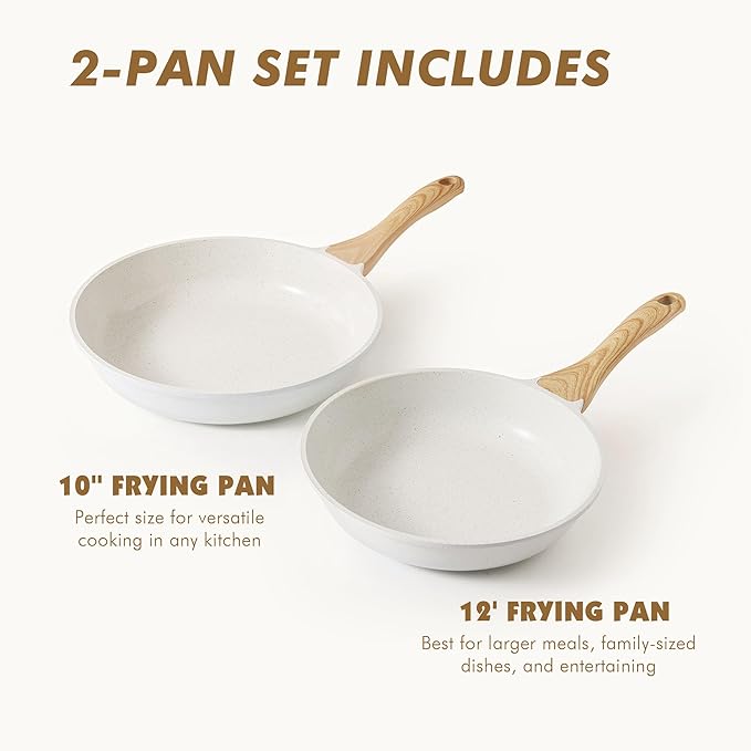 SENSARTE Nonstick Frying Pan Skillets, White Ceramic Coating Omelette Pans, Healthy Cookware Chef's Pan, Free of Intentionally Added PTFE & PFAS (10+12 Inch)