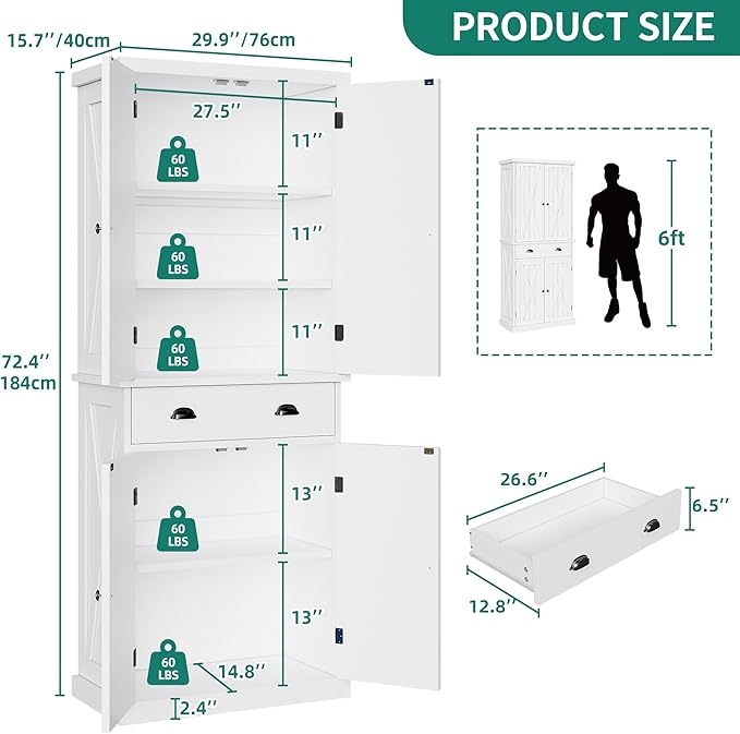 YITAHOME 72'' Tall Kitchen Pantry, Farmhouse Kitchen Storage Cabinets with Barn Doors, Drawer and Adjustable Shelves, Wood Cupboard for Kitchen, Dining Room, Bathroom, White