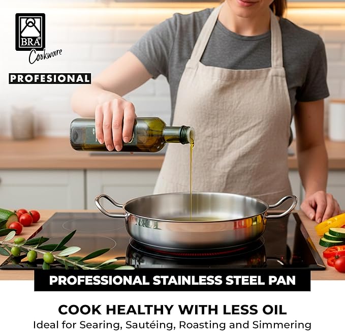 BRA COOKWARE Profesional Sauté Pan w/Glass Lid | 10.2 inches - 3.2 quarts Professional Deep Pan | Stainless Steel Sauté Pan | All Stovetop Compatible | 100% PFOA Free | Brushed Finish