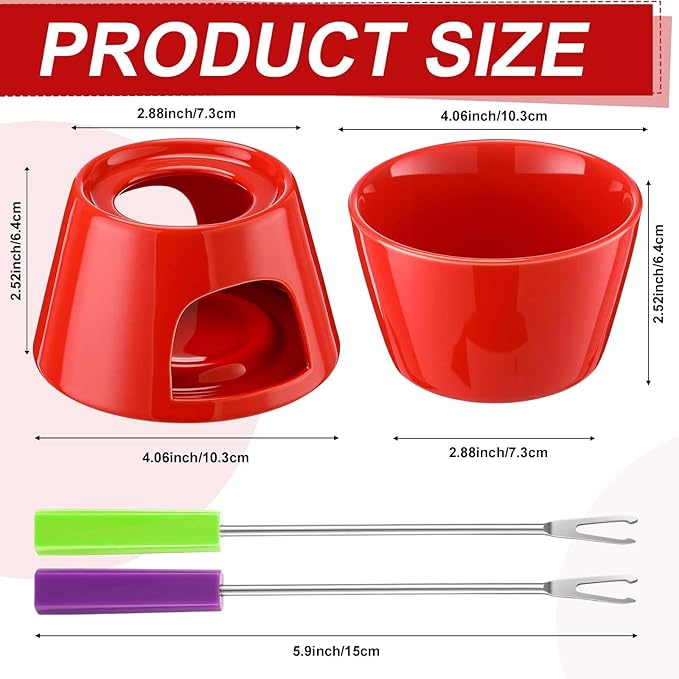 Mudder 8 Pcs Mini Fondue Pot Set with 32 Color Coded Forks Porcelain Tea Light Melting Mugs for Chocolate Cheese Dessert Small Fondue Pot Set for Christmas Valentine's Tapas Gifting(Red)