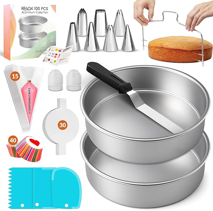 RFAQK 100PCs Aluminum Cake Pans Sets for Baking with 8-inch Aluminum Round Cake Pans Set of 2 - Cake Decorating Supplies Kit with 30 Parchment Papers, Piping Tips, Cake Leveler, and Spatula