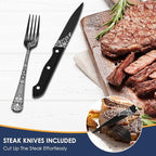 EUIRIO 53-Piece Black Silverware Set with Serving Utensils, Black Flatware Set for 8, Stainless Steel Mirror Cutlery Set, Spoons Forks Knives with Unique Floral Laser, Tableware Set, Dishwasher Safe