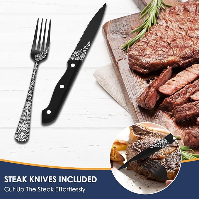 EUIRIO 53-Piece Black Silverware Set with Serving Utensils, Black Flatware Set for 8, Stainless Steel Mirror Cutlery Set, Spoons Forks Knives with Unique Floral Laser, Tableware Set, Dishwasher Safe