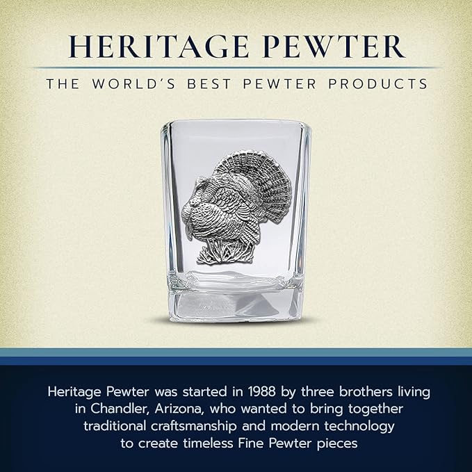 Heritage Pewter Turkeys Square Shot Glass | Hand-Sculpted 1.5 Ounce Shot Glass | Intricately Crafted Metal Pewter Inlay
