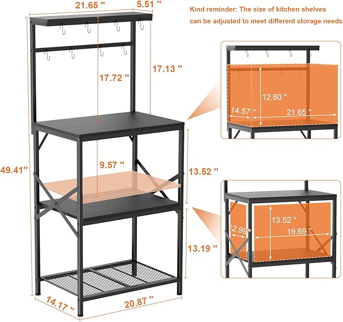 Kitchen Bakers Rack with Storage Shelves, Small Coffee Bar Cart with 8 Hooks, 4 Tiers Microwave Stand Station with Adjustable Shelves, Freestanding Kitchen Appliance Organizer, Black