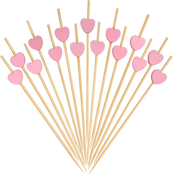 Minisland Pink Love Heart Cocktail Picks, 4.7 Inch Long Bamboo Fancy Toothpicks for Appetizers, Decorative Bridal Wedding Valentines Party Food Drinks Garnish Fruit Skewer Sticks 100 Counts -MSL134
