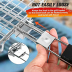 Grill Basket for Outdoor Grill, Stainless Steel Grilling Basket with Foldable Handle, Portable BBQ Cooking Rack for Fish, Vegetables, Shrimp, Chicken - Includes BBQ Skewers 6pcs,Basting Brush,Scrub Sponge-Upgrade