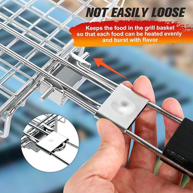 Grill Basket for Outdoor Grill, Stainless Steel Grilling Basket with Foldable Handle, Portable BBQ Cooking Rack for Fish, Vegetables, Shrimp, Chicken - Includes BBQ Skewers 6pcs,Basting Brush,Scrub Sponge-Upgrade