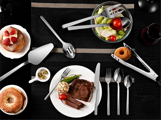 KINGSTONE Silverware Set With Serving Utensils, 65 Piece Flatware for 12, 18/10 Cutlery With 5 Piece Serving Utensil Set - Modern and Original Design, Dishwasher Safe