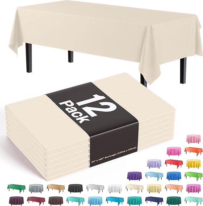 Party Solids 12-Pack Premium Plastic 54-Inch-by-108-Inch Rectangle Tablecloth, Ivory