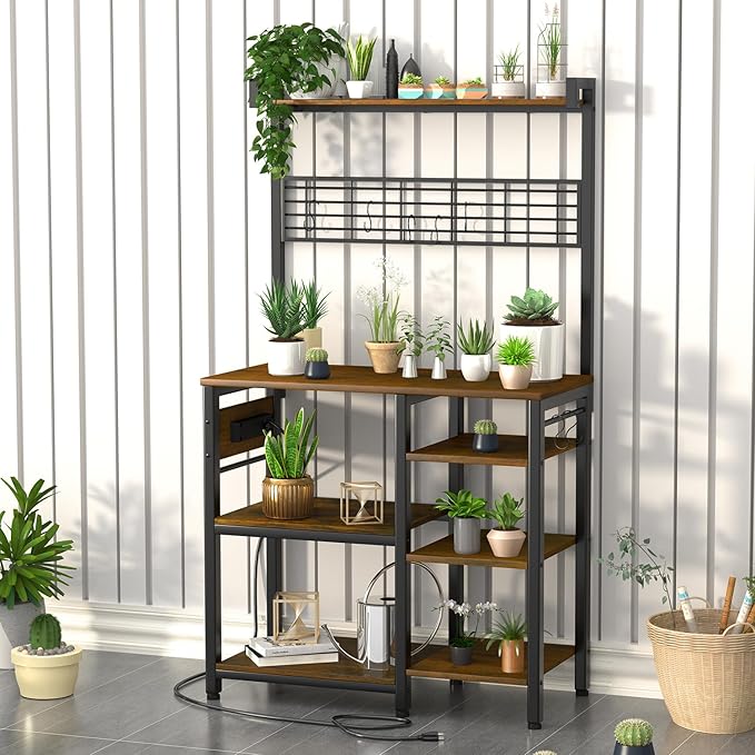 Large Bakers Rack with Power Outlet and Storage Space, 5-Tier Microwave Stand with Shelves, Multifunctional Kitchen Storage Rack with 7 Hooks,Coffee Bar Station, Rustic Brown