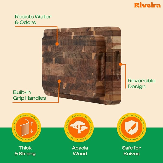Riveira Acacia Wood Cutting Board – Versatile and Durable: Set Of 2 Pcs Rectangular Wooden Cutting Board – Natural Wooden Cutting Boards For Kitchen – Complete Acacia Wooden Chopping Board