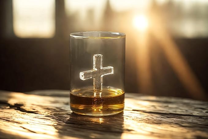 Crucifix Whiskey Glass – Premium Christian Cross Religious Glass, Old Fashioned Glass, Liquor – Luxurious Gold Rim – Home Bar Accessories Ideal for Man Cave, Fun Gift, Christian Gift, Religious Gift
