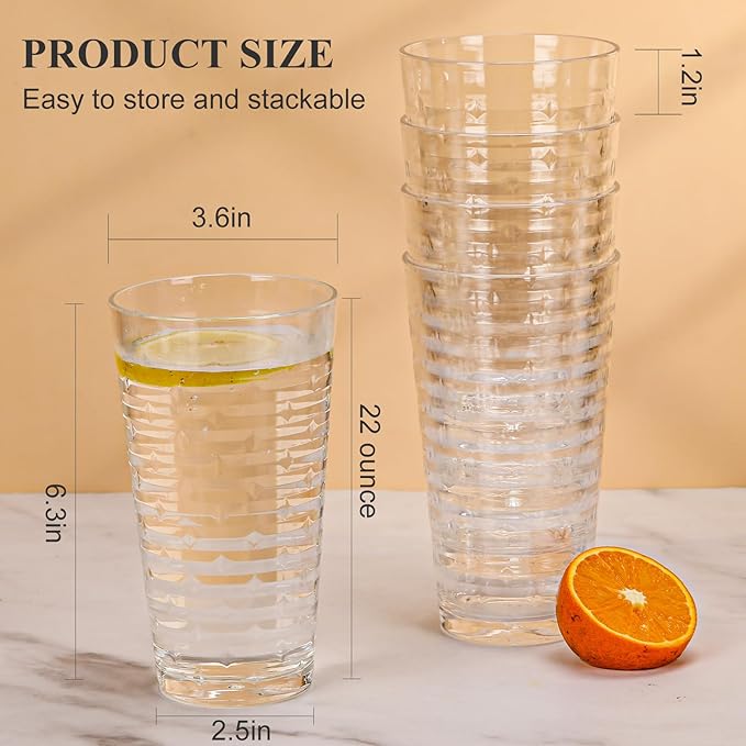 Acrylic Clear Highball Plastic Cups | Plastic Reusable Tumblers 22oz (Set of 6) | Stackable | BPA-free Tumblers | Shatterproof | Top-rack Dishwasher Safe