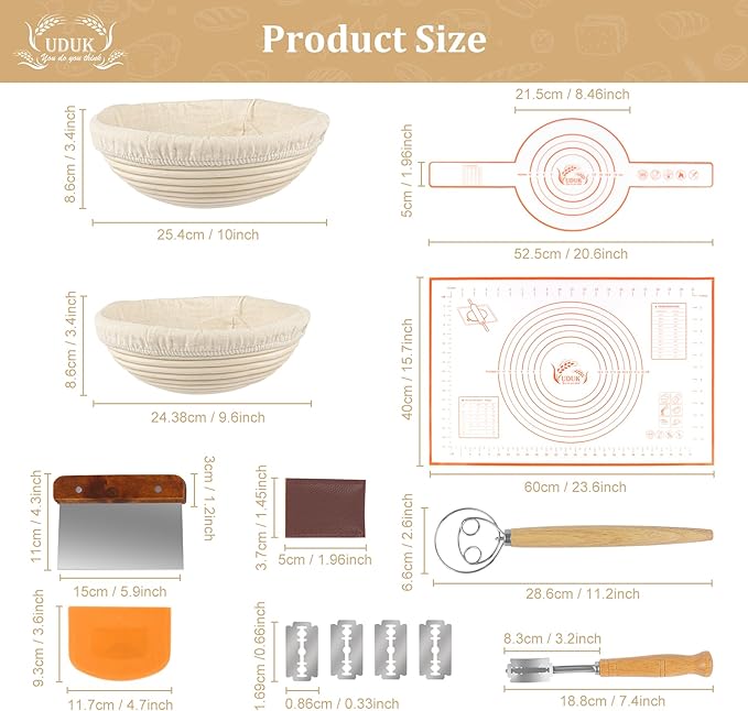 Bread Proofing Basket Set with 10" Round and 9.6" Round Banneton Baskets, Silicone Bread Sling Baking Mat, Whisk Cutter Scraper Lame - Sourdough Bread Baking Supplies Ideal Sourdough Starter Kit