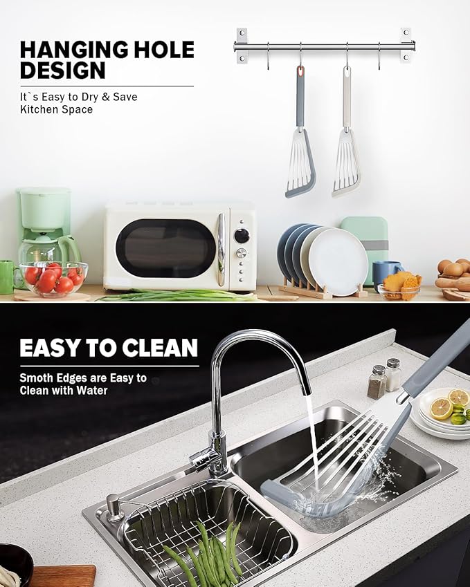 Silicone Fish Spatula Turner Set of 2, Thin Slotted Spatulas Turner for Nonstick Cookware,Heat Resistant Flexible Stainless Steel Kitchen Cooking Spatula Flipper for Fish, Egg, Pancake (KG)